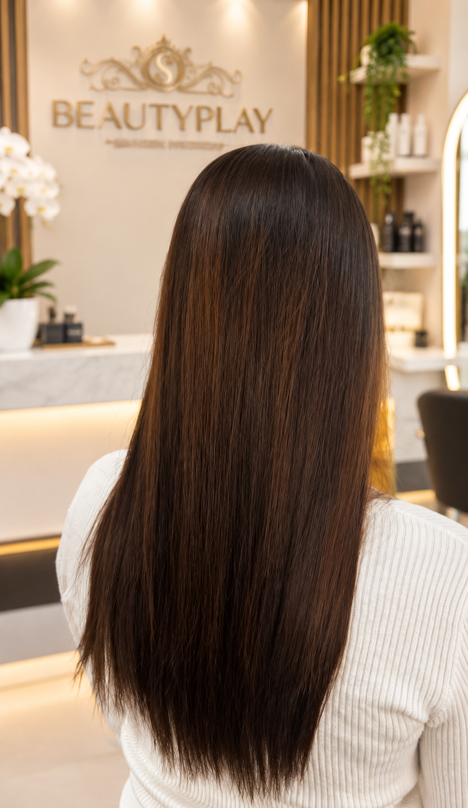 A woman viewed from behind with long, straight, dark brown hair in a bright hair salon. The background shows a counter with the brand name 'BEAUTYPLAY' and shelves with products.