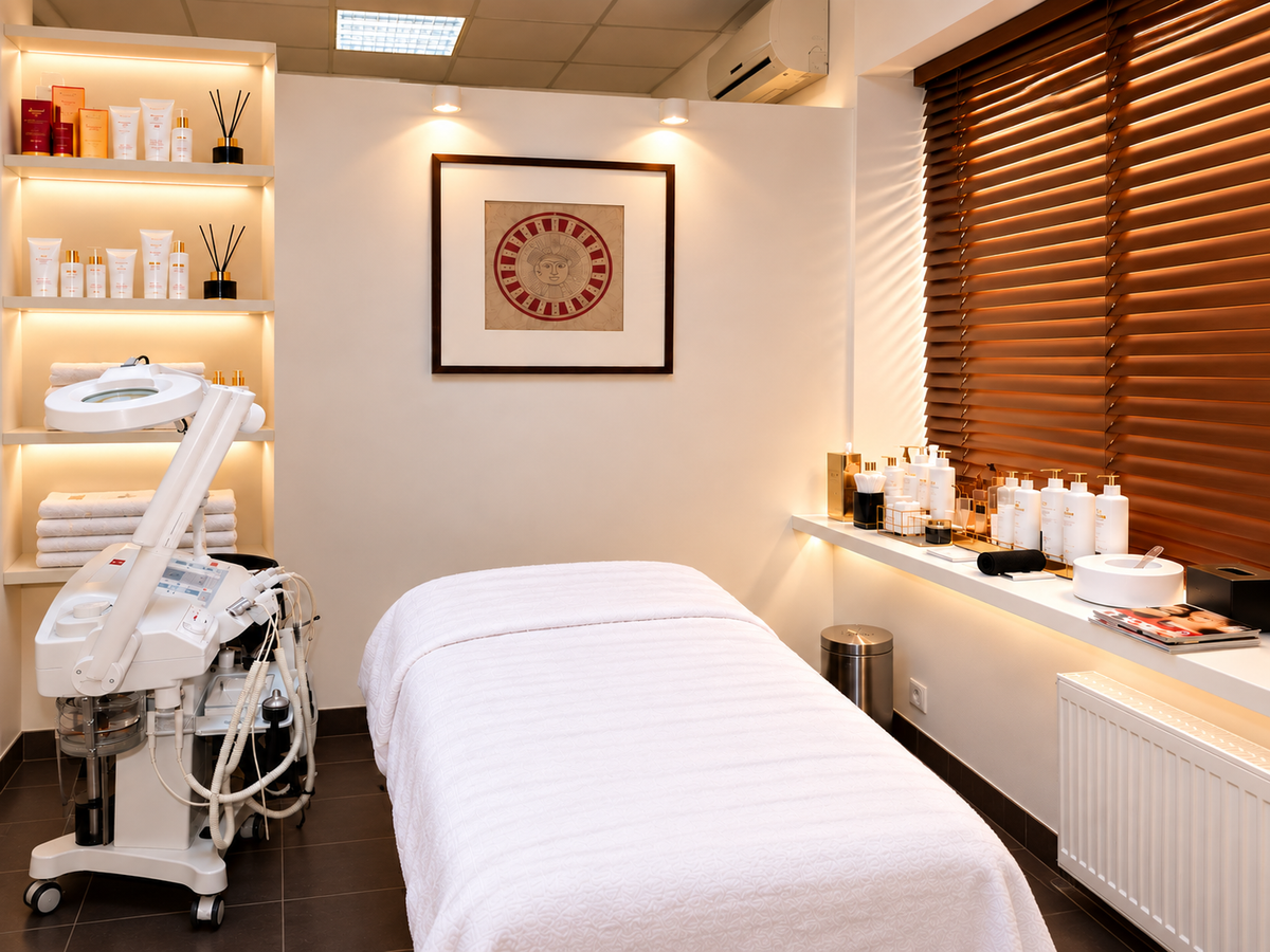 Cabinet de cosmetică BeautyPlay București, amenajat pentru tratamente faciale profesionale, cu pat cosmetic alb, aparat profesional pentru tratamente estetice, rafturi cu produse de îngrijire a pielii, fereastră cu jaluzele maro și tablouri decorative pe perete.