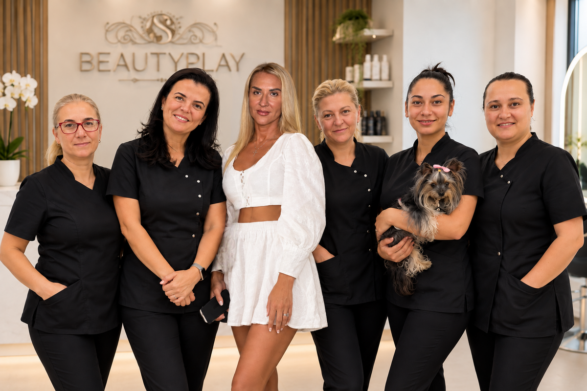 Echipa BeautyPlay București, formată din șase femei fotografiate împreună în interiorul salonului de înfrumusețare, cinci purtând uniforme negre, iar una, poziționată în centru, o rochie albă decupată, într-un spațiu luminos și elegant dedicat serviciilor profesionale de beauty.
